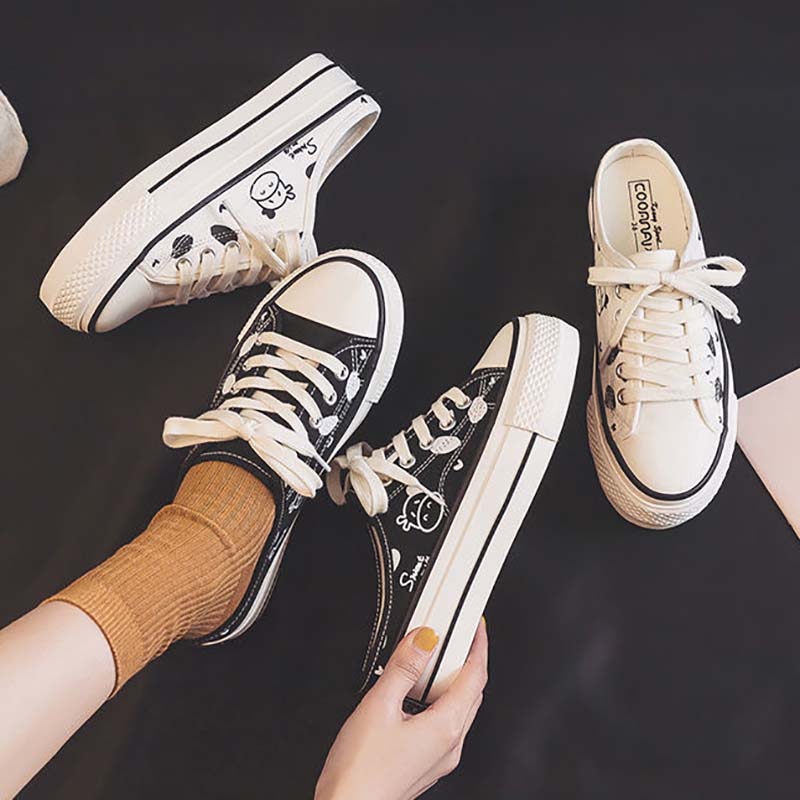 No Heel Half-drag Canvas Shoes Female Cow Korean Students All-match Lazy Thick-soled Increased White Shoes