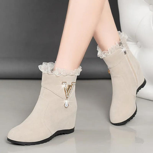 Autumn and Winter Frosted Plush Inner Heightening Women's Boots Versatile Middle Heel Rhinestone Short Martin Boots