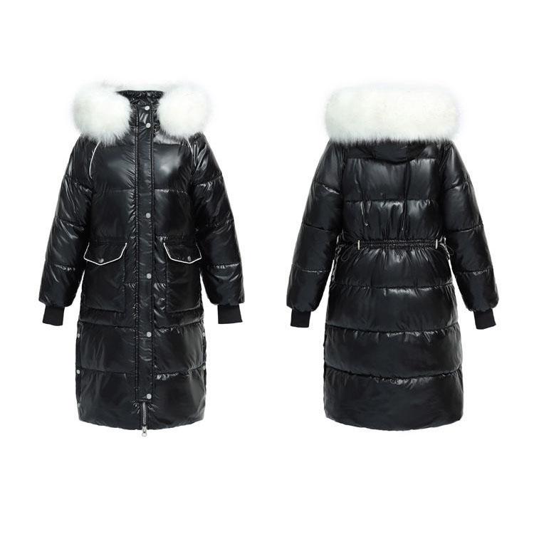 Women's Bright Face Hooded Down Jacket Long Loose Thick Coat Warm Cotton Coat Large Wool Collar Winter Quilted Coat