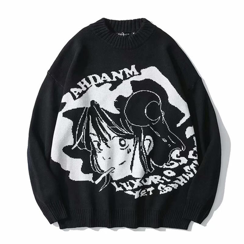 Anime Sweater Streetwear Hip Hop Harajuku Knitted Sweaters Women Oversized Loose O Neck Long Sleeve Black White Pullovers Japanese Fall Winter Sweater