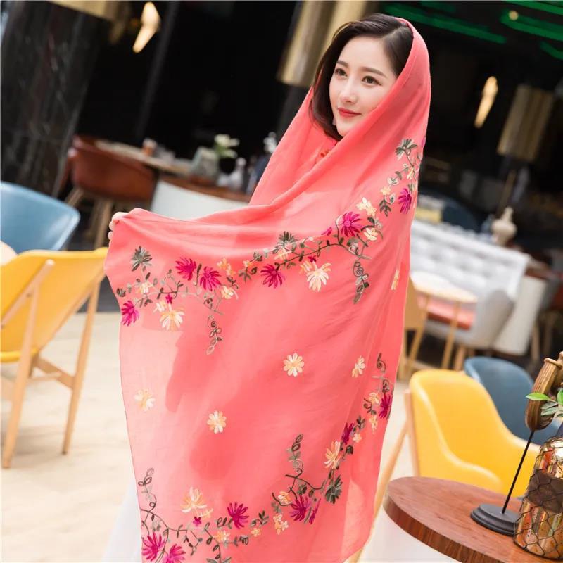 Women's Embroidered Scarf Korean Style Acrylic Embroidered Scarf Chiffon Long All-match Gauze Scarf Four Seasons Silk Scarf Shawl