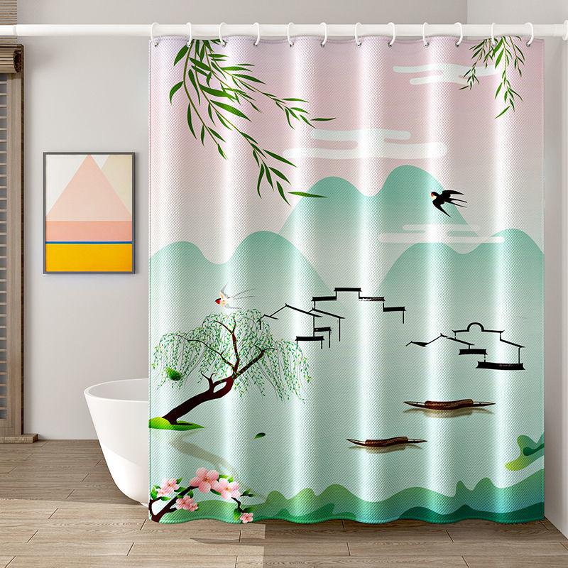 Bathroom Waterproof and Mildew-proof Chinese Shower Curtain Thickened Bathroom Shower Curtain Partition Curtain Door Curtain Free of Perforation