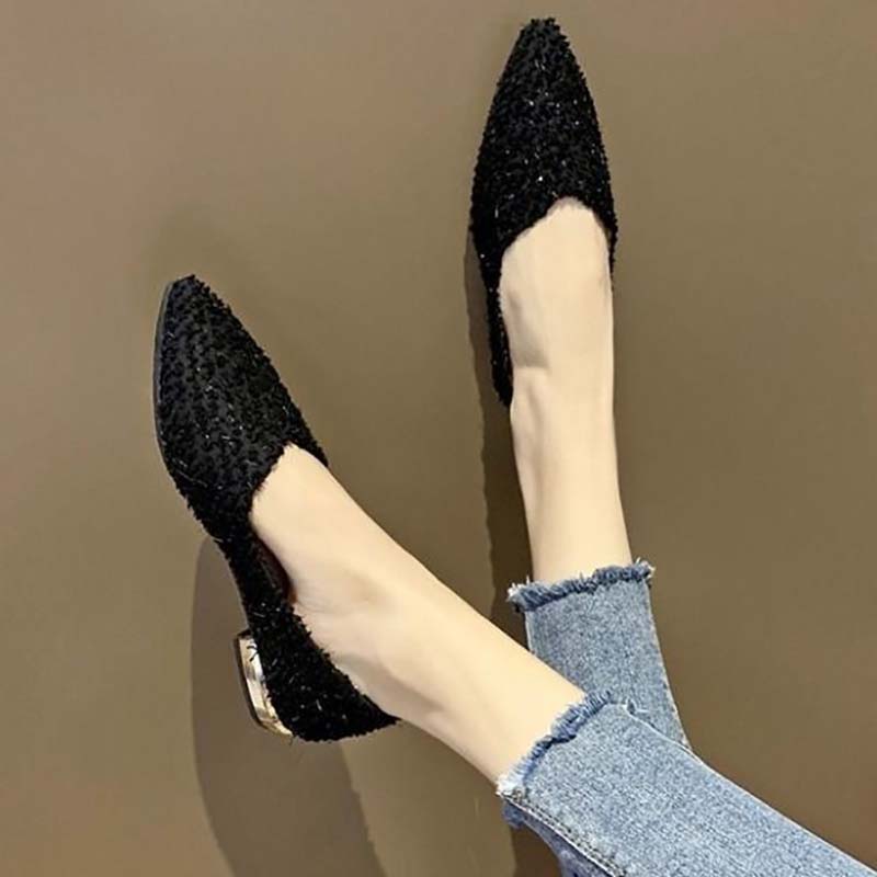 Low-heeled Shoes Spring Single Shoes Female Students Korean Version of All-match Pointed Toe Shallow Mouth Pedal Thick Heel Peas Shoes