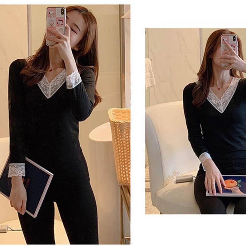 Thermal Underwear Ladies Plus Velvet Thin Section Tight V-neck Lace Sexy Autumn Underwear Suit