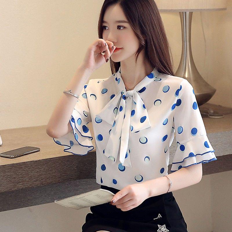 Sweet Shirt Summer Polka Dot Half-sleeved Top Women's Lotus Leaf Collar Polka Dot Shirt Short-sleeved Chiffon Shirt Tie Bow Shirt