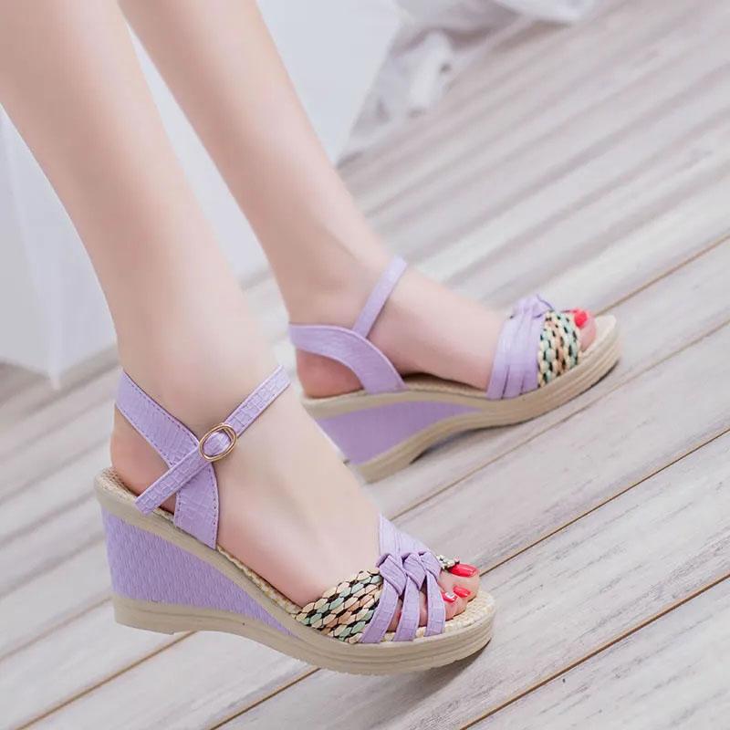 Summer Korean Wedge Sandals Women's Roman Flat Beach Shoes Student Fish Mouth Sandals Straw High Heels Platform Beach Sandals