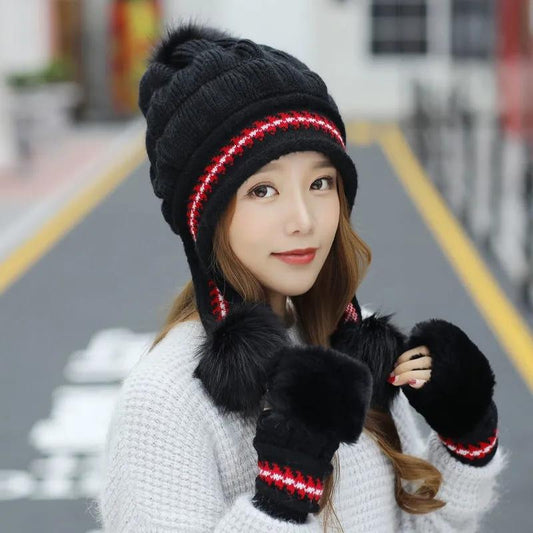 Women's Winter Hats Gloves Korean Knitted Caps Warm Woolen Caps All-match Sweet Cute Padded Ear Caps Rabbit Fur-blend Ball Hats Beret Hats Gloves Set