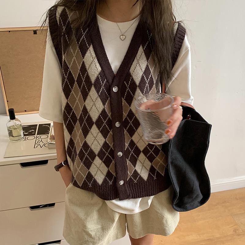 Spring and Autumn College Style Retro V-neck Plaid Knitted Vest Women's Loose Outer Wear Sleeveless Women's Sweater Vest