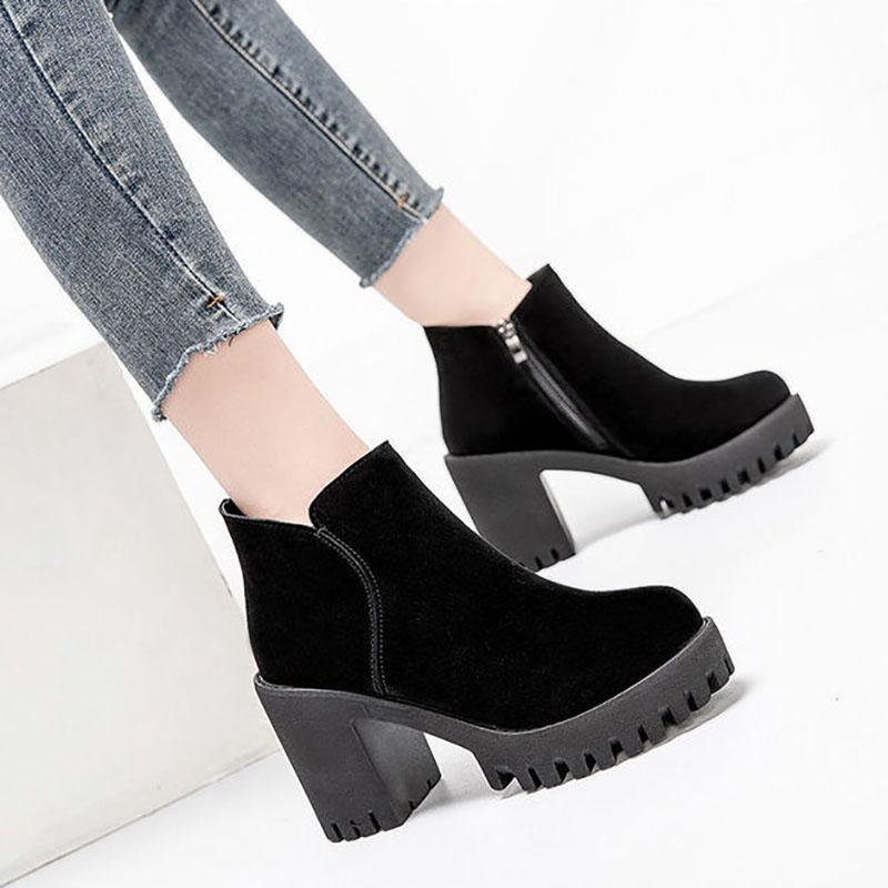 Plush Boots Thick with Nude Boots Autumn Short Boots Female British Style Women's Shoes All-match High-heeled Martin Plus Velvet Boots