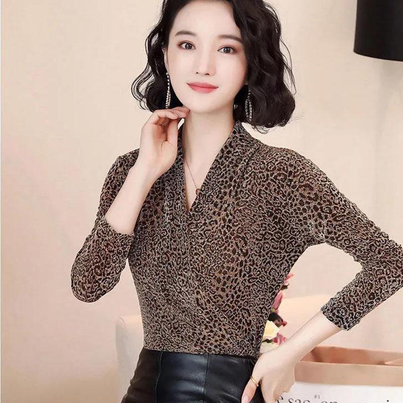 Elegant Leopard print Women Blouse Sexy V neck Office Ladies Blouses Slim Long sleeve Spring Fall Female Party Tops Pullover