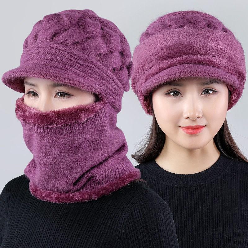 Women's Winter Windproof and Velvet Warm Knitted Woolen Cap Plush Pompon Cap Scarf Crochet Cap