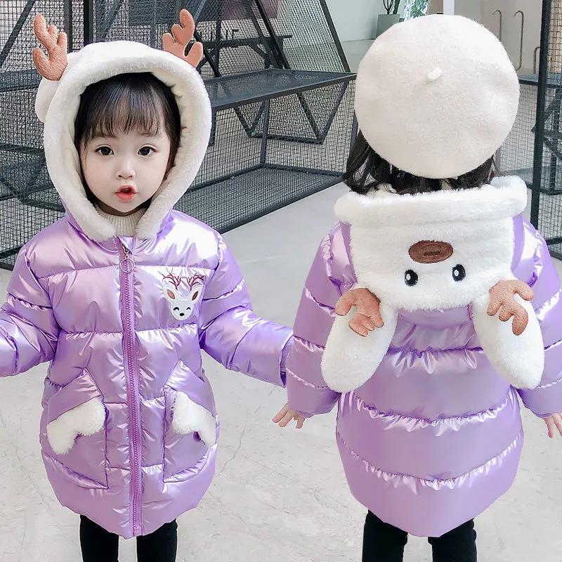 Girls' Cotton-padded Clothes Winter Clothes Rabbit Ears Hooded Jacket Children's Clothes Cute Mid-length Girls' Thicken Cotton-padded Jackets