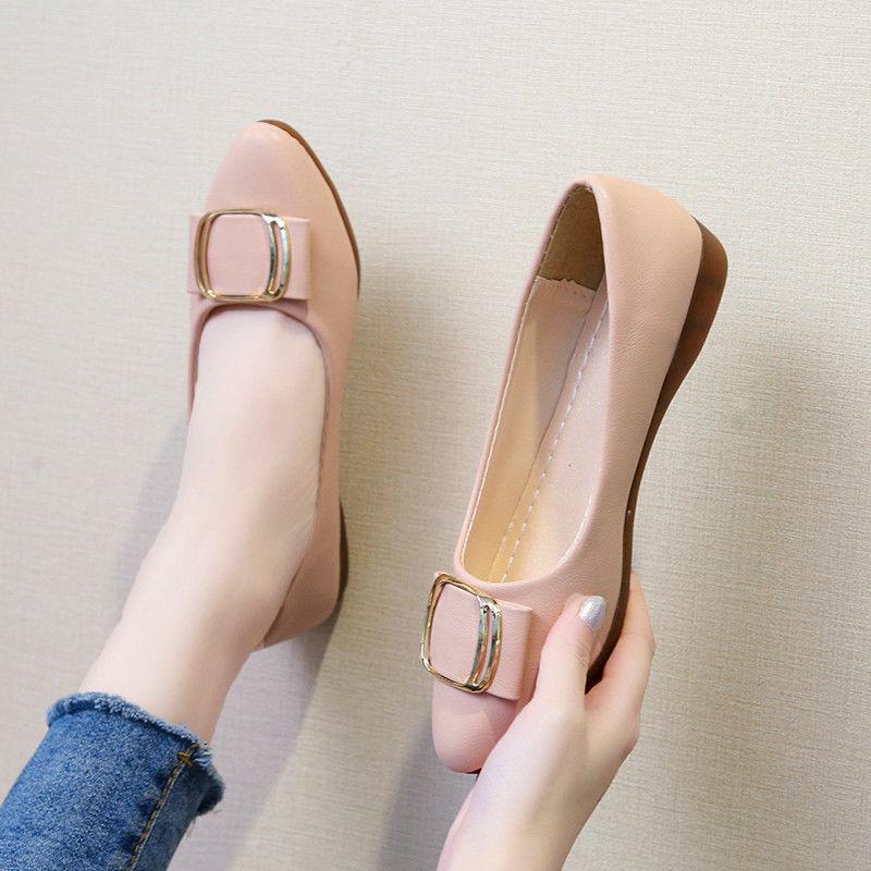 Women's Flat Shallow Shallow Mouth Casual Square Buckle Flat Shoes All-match Soft-soled Single Shoes Women's Non-slip Light and Soft