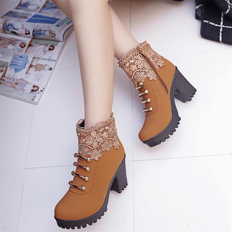 Women's Boots High-heeled Shoes Snow Boots Winter Fur Thick Ankle Boots  Plus Velvet Cotton Shoes