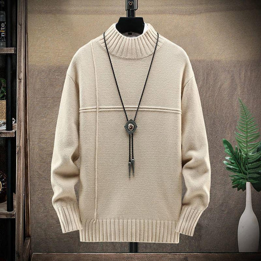 Men's Sweater Half Turtleneck Plus Fleece Thickening Autumn and Winter Youth Slim Trend Pullover Sweater