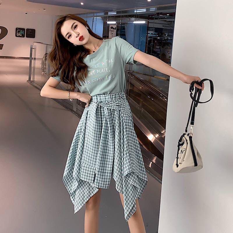 Pofulove Elegant Skirt Set Women Short Sleeve T-shirt Plaid Skirt Two-piece Set Summer Outfits