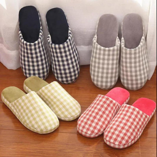 Autumn and Winter Pure Cotton Slippers Indoor Non-slip Soft-soled Shoes Warm Plaid Simple Plush Cotton Shoes