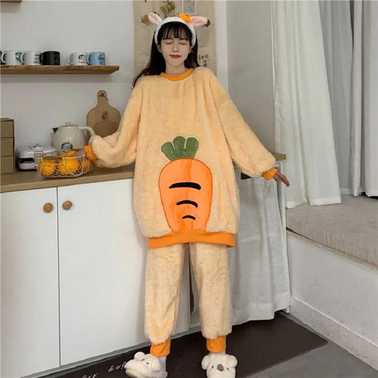 Women's Autumn Winter Flannel Pajamas Set Warm Plus Velvet Thickening Cute Cartoon Carrot Coral Fleece Two-piece Suit Leisure Loose Homewear