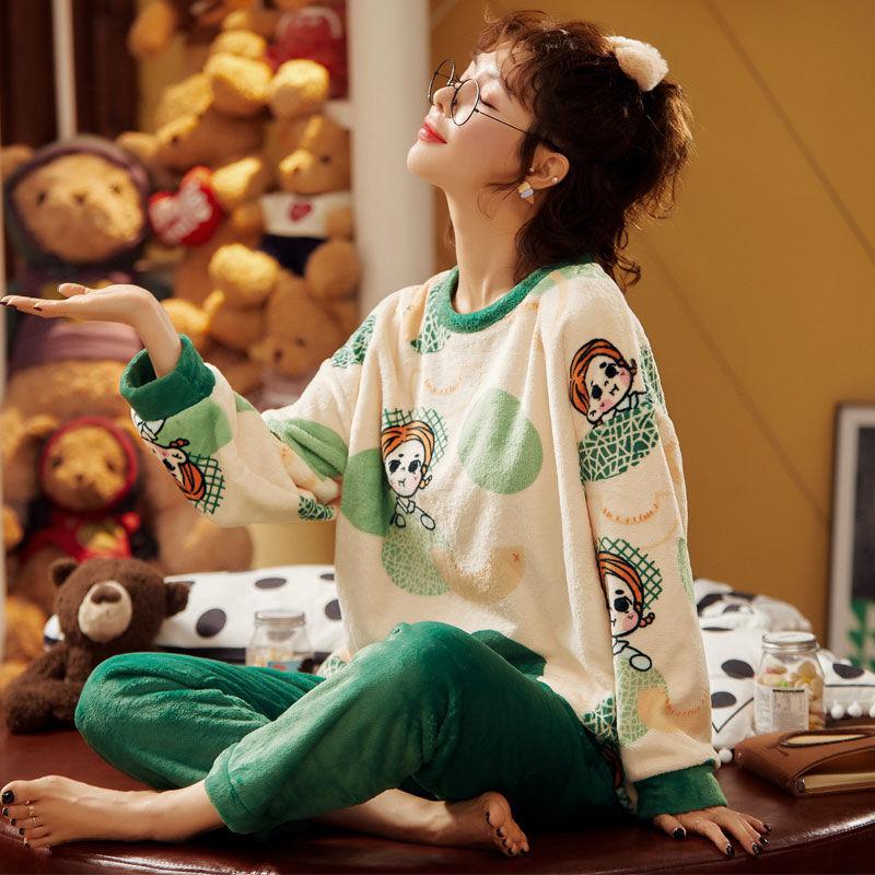 Autumn and Winter Flannel Pajamas Women's Long-sleeved Warm Suit Ladies Large Size Cute Cartoon Thick Coral Fleece Pajamas