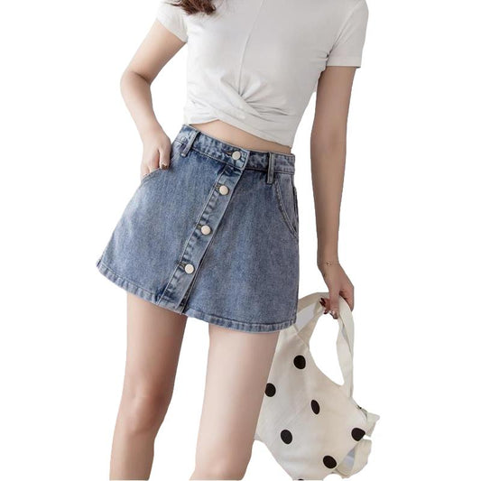 WTEMPO Denim Shorts Skirt Women Jeans Elastic Waist Loose Wide Leg A-line Office Club Casual Party Dates Vocation