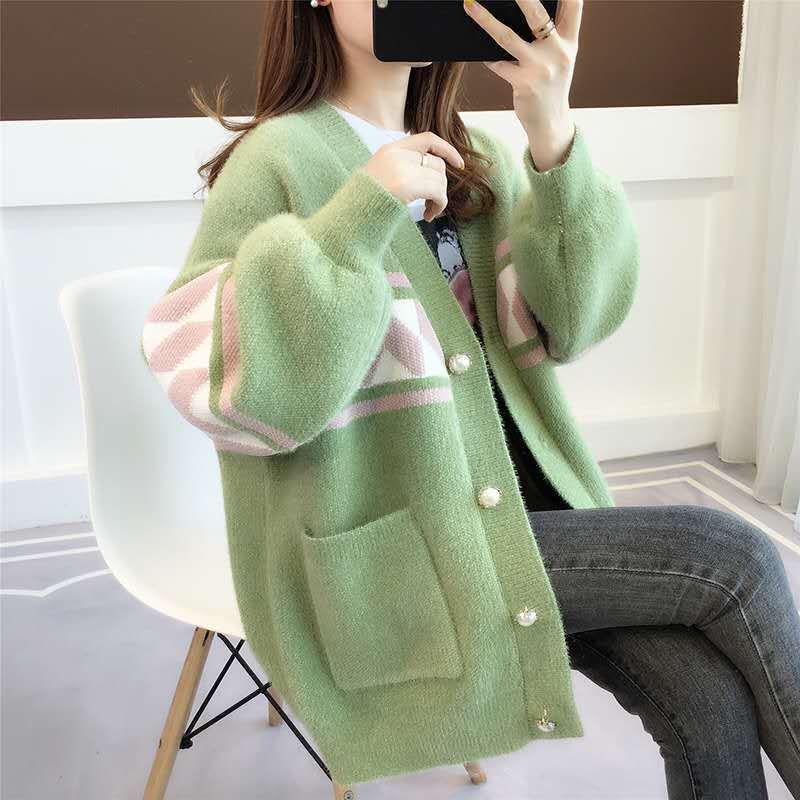 Fall/winter Fashion Top Mid-length Loose Warm Sweater Long Sleeve Knitted Casual Cardigan