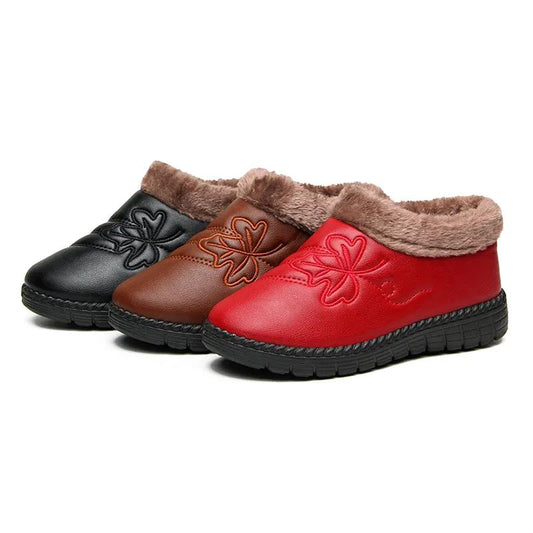 Winter Plus Velvet Leather Embroidered Cotton Shoes Waterproof Non-slip Warm Shoes Flat Bottom Women's Shoes Casual Shoes