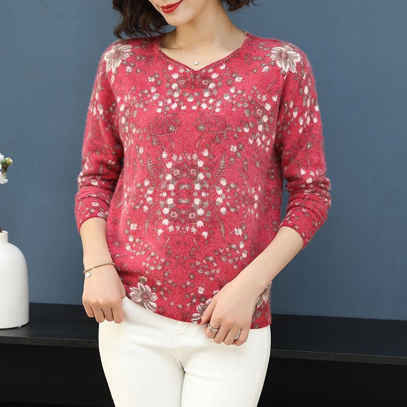 Bohemian Women Short Printed Woollen Sweater Female Rhinestone Soft Sweater  V-neck Jumper Knit Pullover Outwear