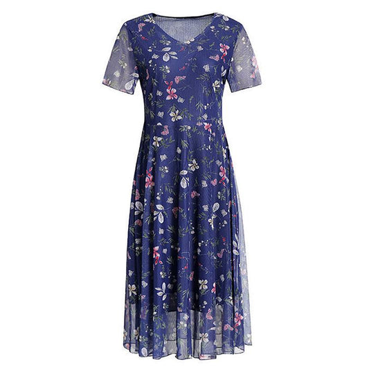 Summer Chiffon Mid-length Plus Size Printed Floral Over-the-knee Dress V-Neck Short Sleeve Elastic Waist