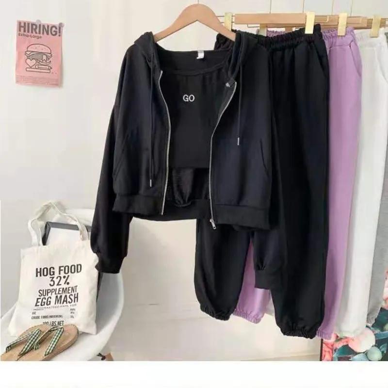 3PCS Women's Casual Sports Suit Autumn Loose and Thin Sweater Coat + Vest + Leggings Trousers Three-piece Zipper Cardigan Suit Girls Athletic Clothing