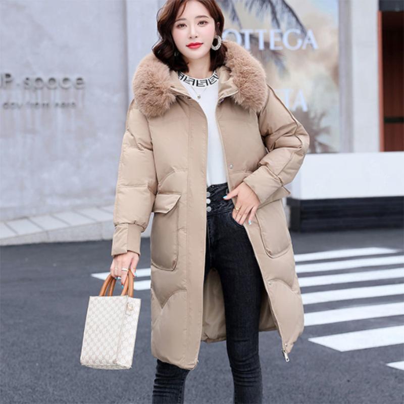 Women's Shiny Down Padded Jacket Mid-length Korean Style Loose Padded Jacket Warm Cotton Coat Big Fur Collar Winter Clothes