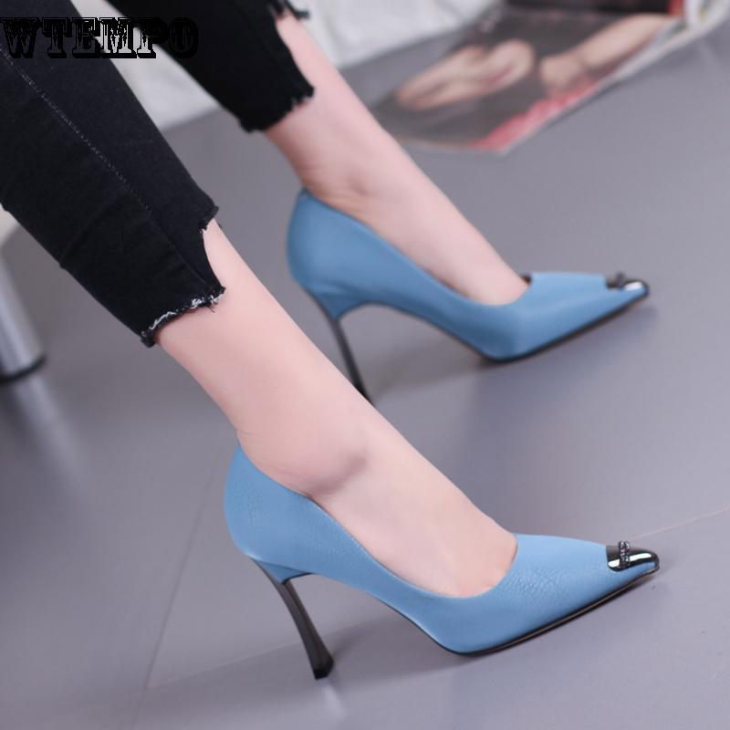 High Heels Ladies PU Material Metal Shiny Pointed Stilettos for Appointments