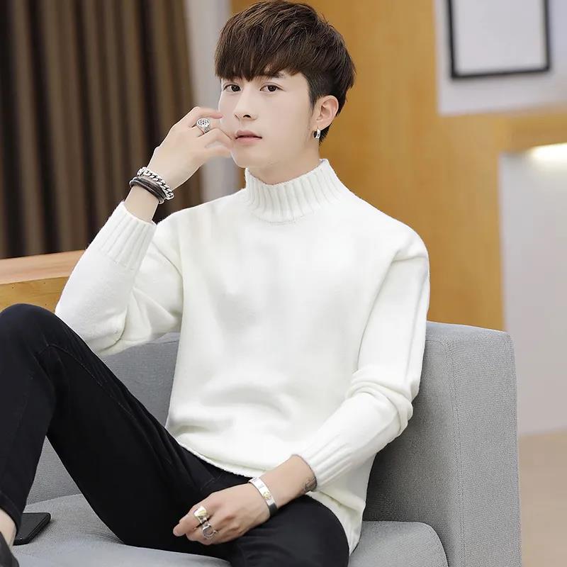 Men's Fall/winter Sweater Fashion Knit Half High Neck Solid Color Slim Bottom Pullover Sweater