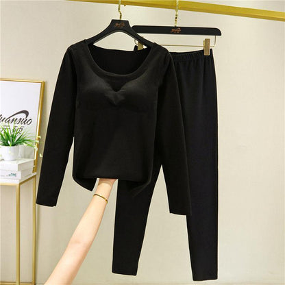 All-in-one Thermal Underwear Set with Chest Pad Two-piece Female Autumn Winter Plus Velvet Self-heating Bottoming Shirt