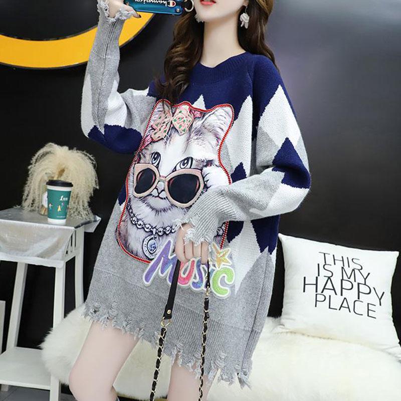 Autumn and Winter Mid-length Pullover Women Loose Casual Cartoon Print Tassel Sweater Jumper Outer Wear