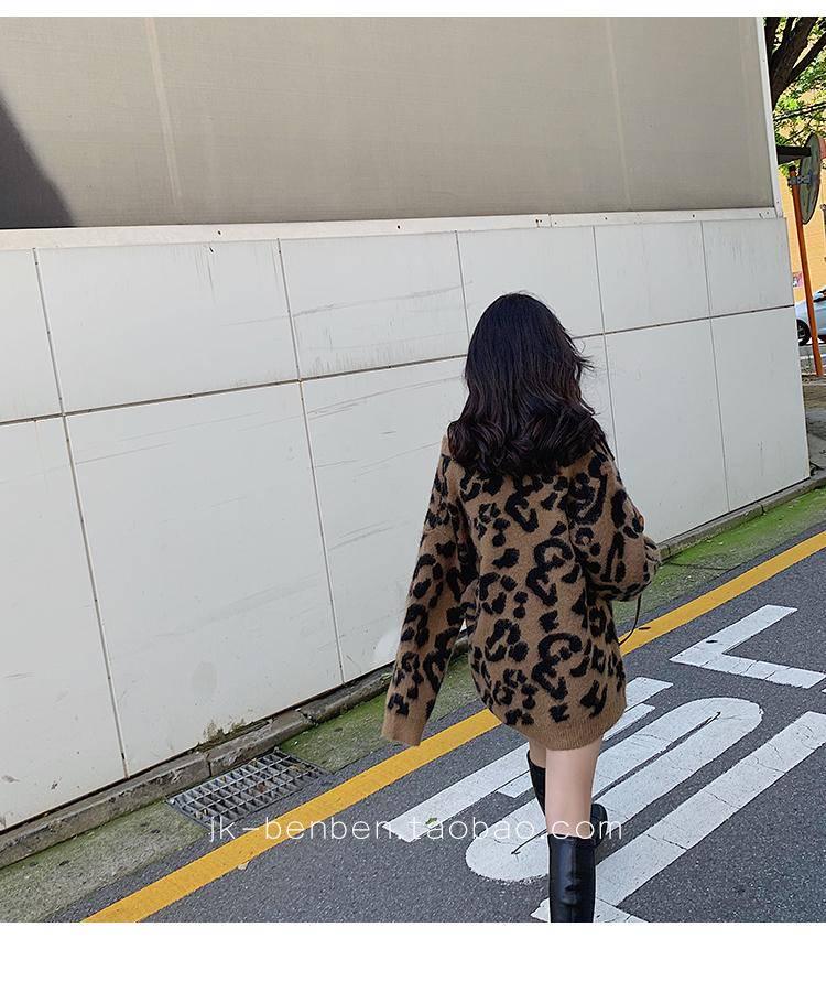 2 Colors Sexy Lady V-neck Leopard Sweater Long Section Knitwears Loose Pullovers Jumpers