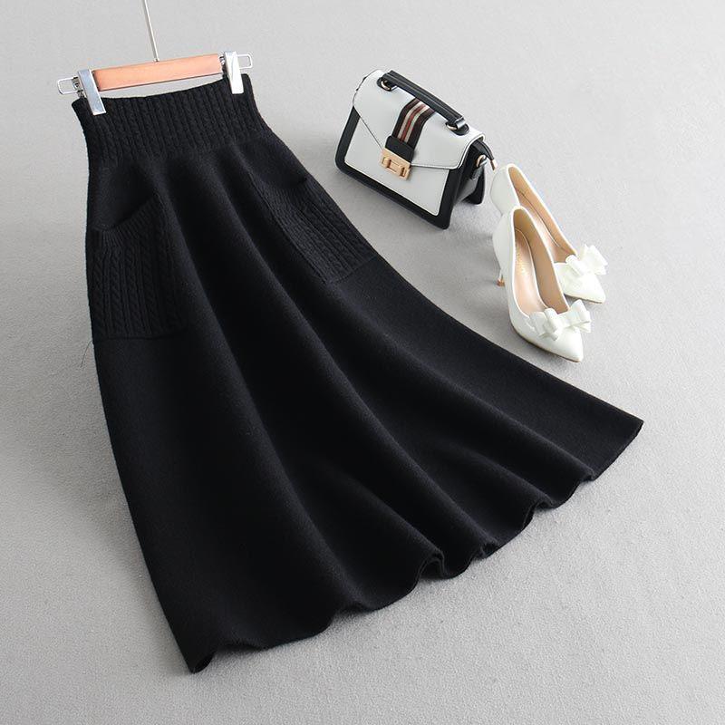 Autumn  Winter Women's Knitted Skirt Long Skirt with Pockets Thick Warm OL Stytle A-line Skirt for Women