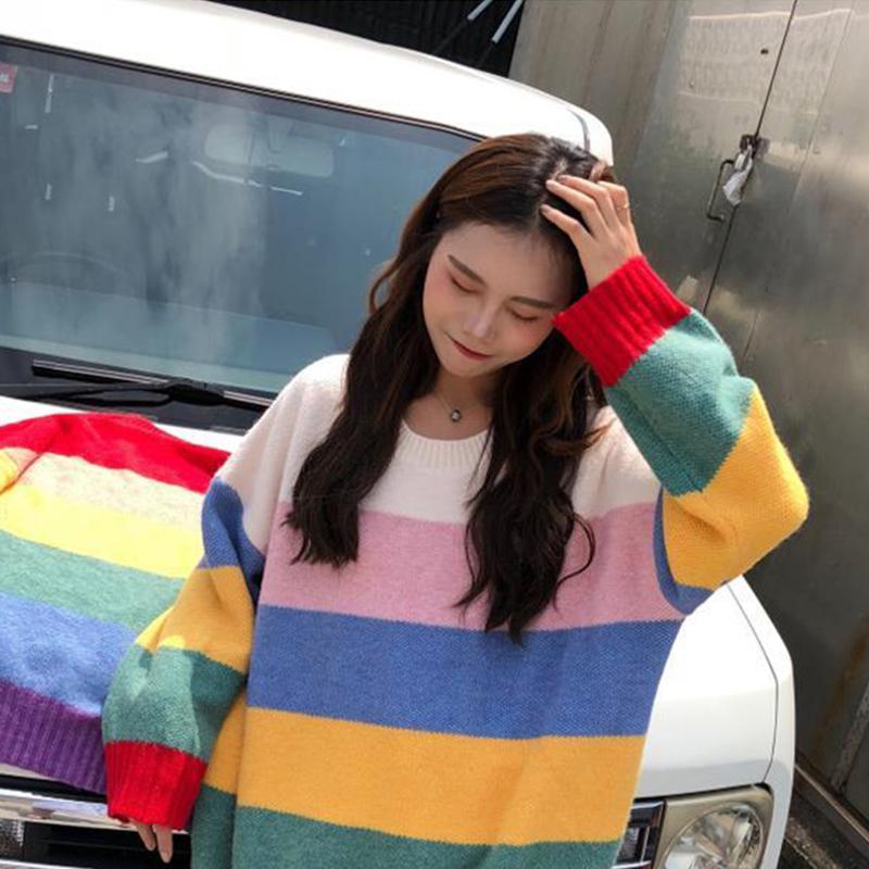 Rainbow Striped Sweaters Women Jumpers Knitted  Round Neck Loose Pullover Long Sleeve Knit Sweater Autumn Winter Female