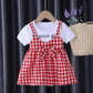 Baby Girl Dress Summer Suspender Plaid Skirt Baby Vest Skirt Round Neck Short Sleeve Stitching Fake Two-piece A-line Skirt