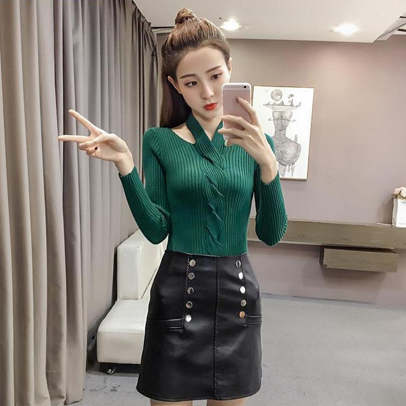 Autumn and Winter Hanging Neck Casual Sweater Retro Scottish Style Top V-neck Thin Women's Bottoming Shirt