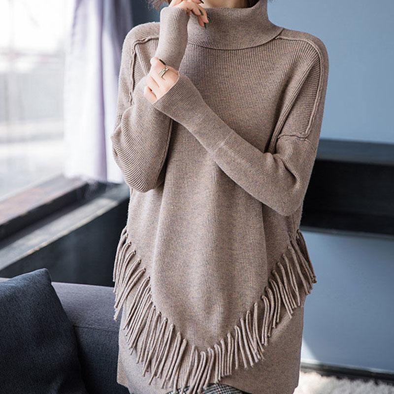 Autumn and Winter High Neck Loose Sweater Mid-length Tassel Plus Size Top Solid Color Knitted Women's Bottoming Shirt