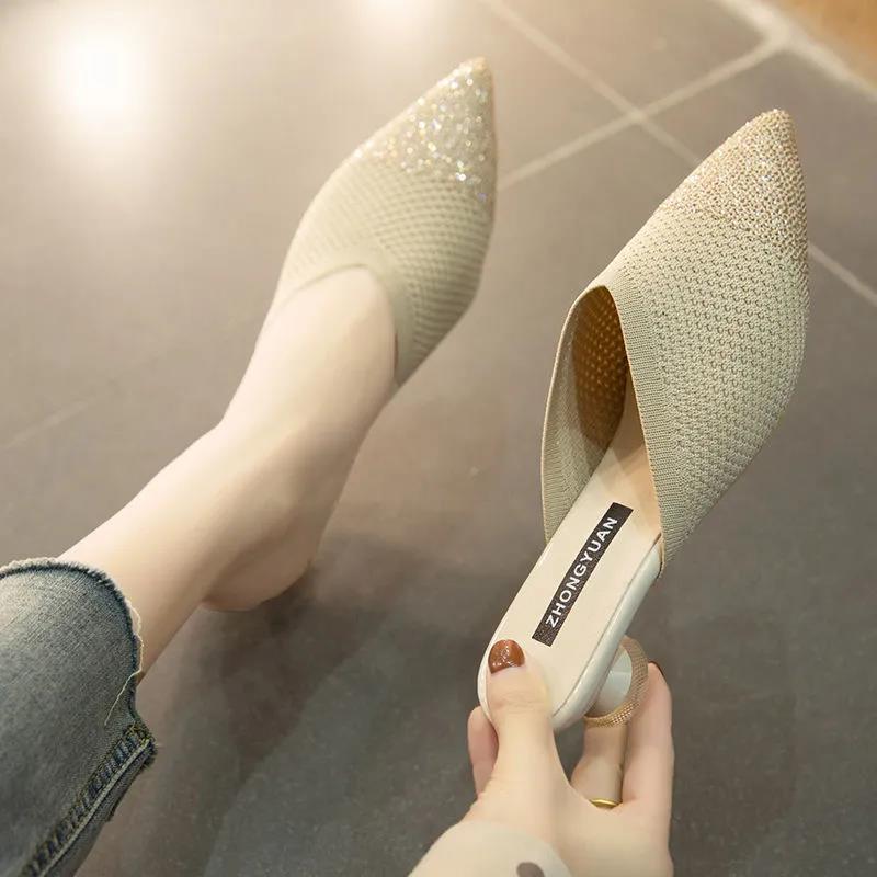 Spring and Summer Rhinestone Pointed Slippers Women's Outer Wear Baotou Half Slippers All-match High Heels Women