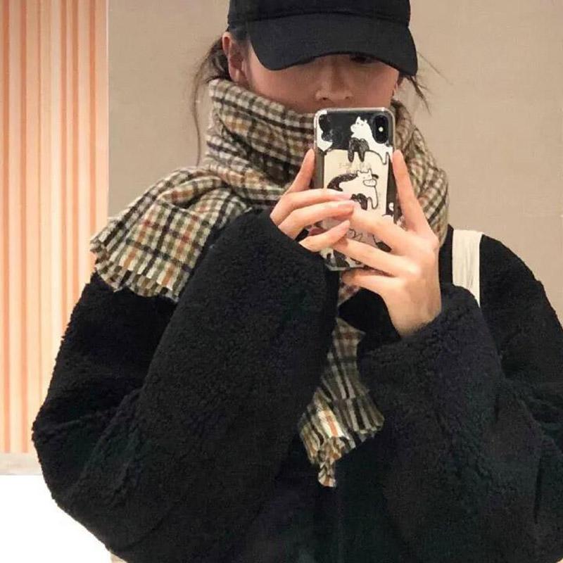 Winter Imitation Cashmere Scarf Korean Fashion Fringed Plaid Scarf Women's Dual-use Lengthened Thick Shawl Scarf