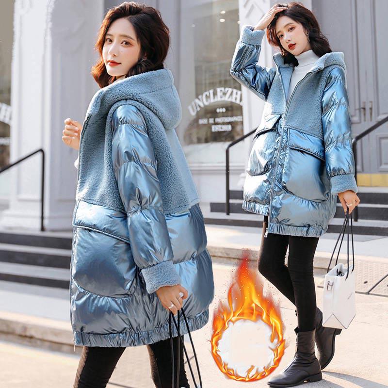 Autumn Winter Mid-length Down Jacket and Stitching Lamb Cotton Coat Women