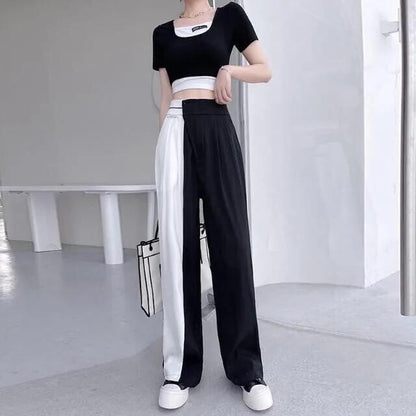 2PCS Women's Summer Sports and Leisure Age Reduction Suit Short T-shirt + High Waist Wide Leg Pants Suit Two-piece Set