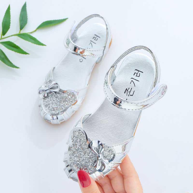 Summer Girls Flat Sandals Flash Children Girls High Heels Bow Leather Shoes Kids Dance Shoes Princess Wear-resistant Non-slip Sandals Size 21-36