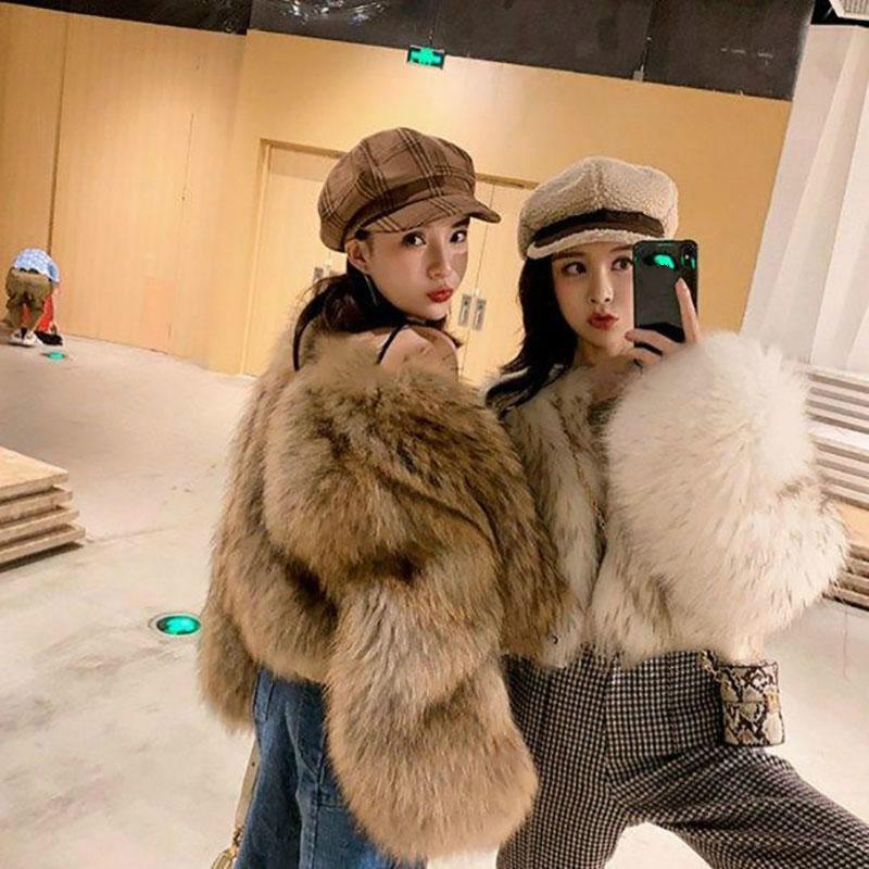 Fashion Thick Female Fur Coat Short Imitating Fox and Raccoon Fur Trumpet Sleeve Fur Coat