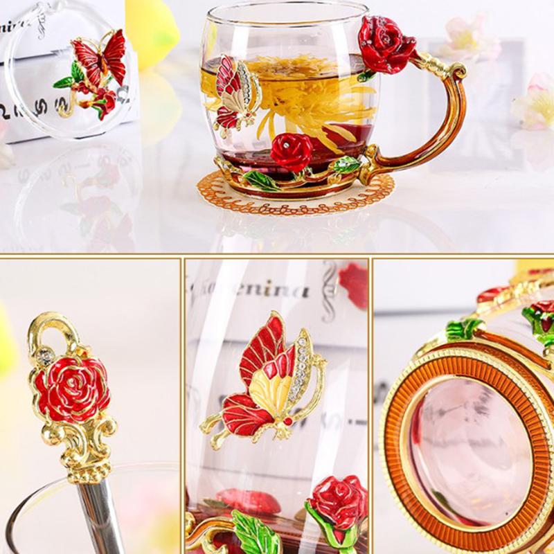 Exquisite 3D Coffee Tea Glass Enamel Cups Butterfly Rose Tea Cup Carved Flower Cup