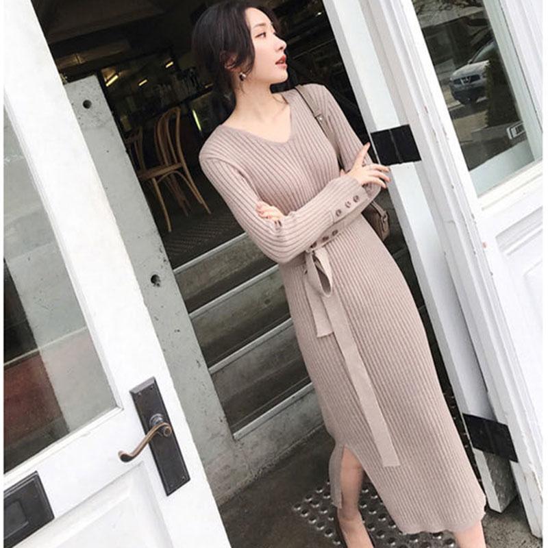 Autumn and Winter Slim V-neck Sweater Dress Long Over-the-knee Sweater Dress Fashion Inner Base Dress