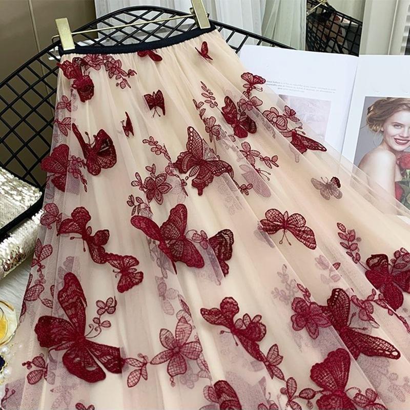 Butterfly embroidery Women Chiffon Skirt Mid-length A-line Skirt Plus Size Fairy Skirt Summer Ruffled Elastic Waist Sandy Beach Vacation Daily