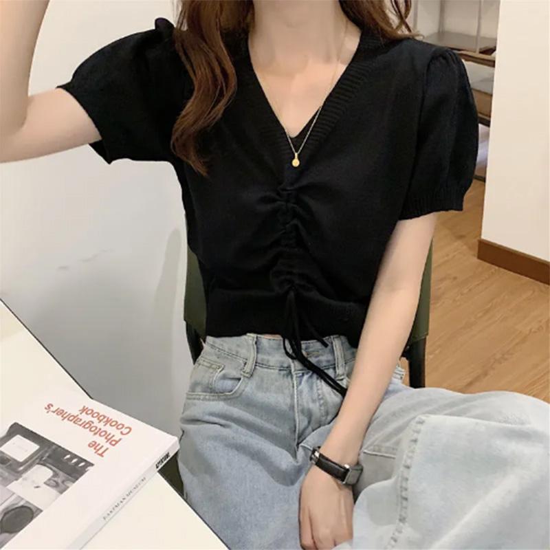 Solid Color Design Sense Niche Short Knitted V neck T-shirt Korean Style Chic Top Summer Style Bottoming Shirt Women